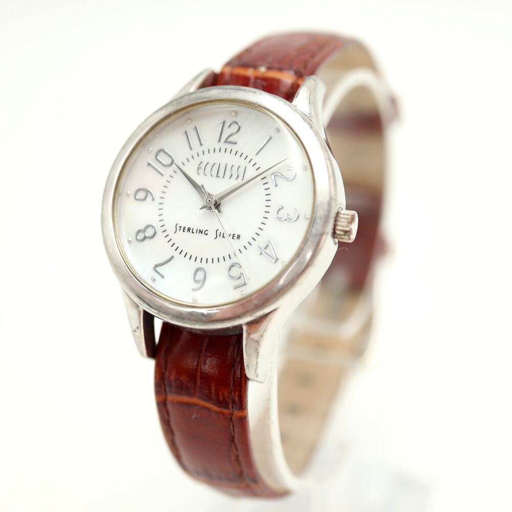 Ecclissi 925 Sterling Silver 29mm MOP Womens Watch Brown Leather w New Battery